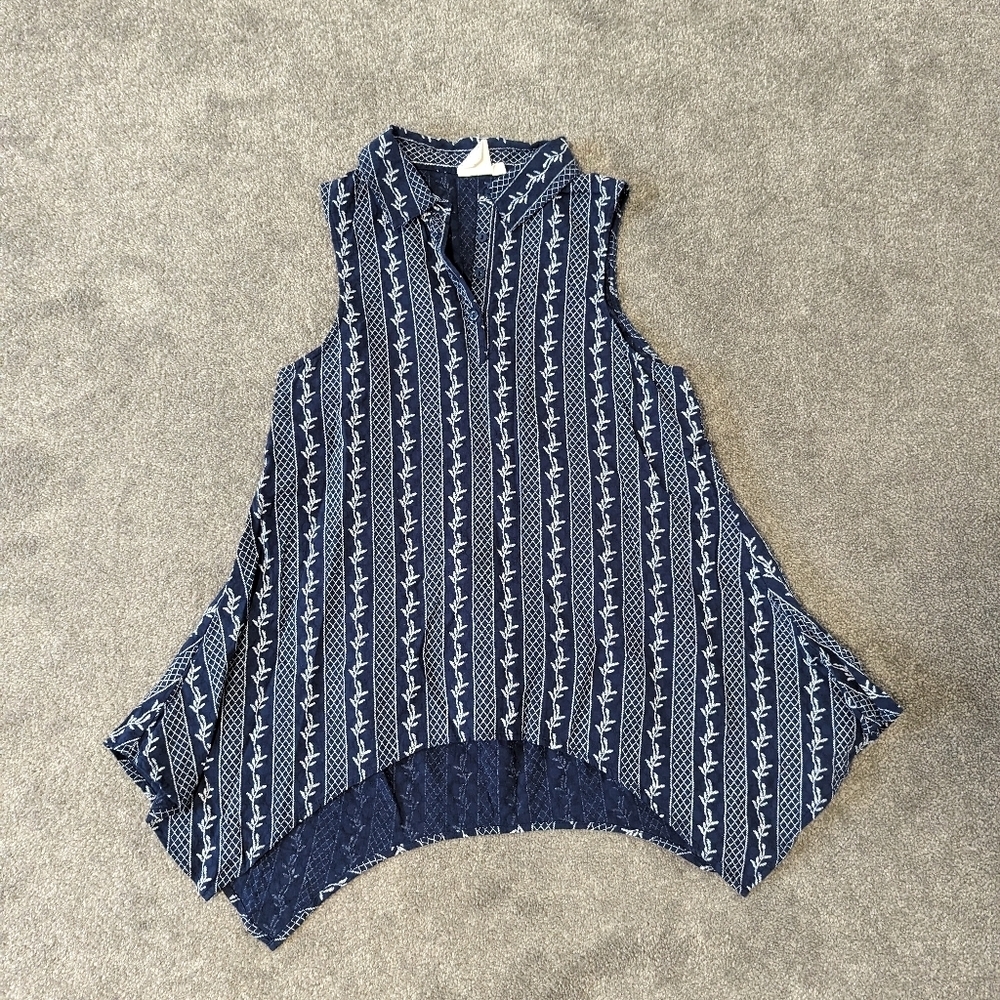 White Crow Cotton Blouse Blue White Stitching Asymmetrical Top Size Small